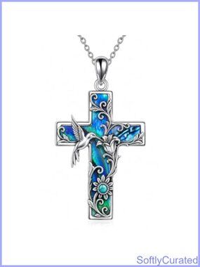 Hummingbird Cross Pendant Necklace Abalone Shell 20in Women Jewelry